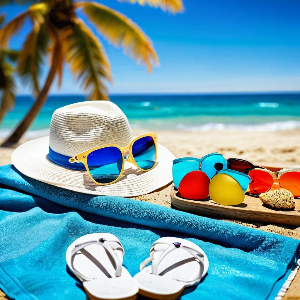 A sun-soaked beach scene featuring stylish sunglasses displayed on a towel, alongside vibrant beach accessories like colorful flip-flops, a straw hat, and a cocktail. A clear blue sky and sparkling ocean waves in the background, with trendy people lounging and enjoying their summer. This lively atmosphere captures the essence of summer leisurewear. super-realistic. vibrant colors. sunny background.