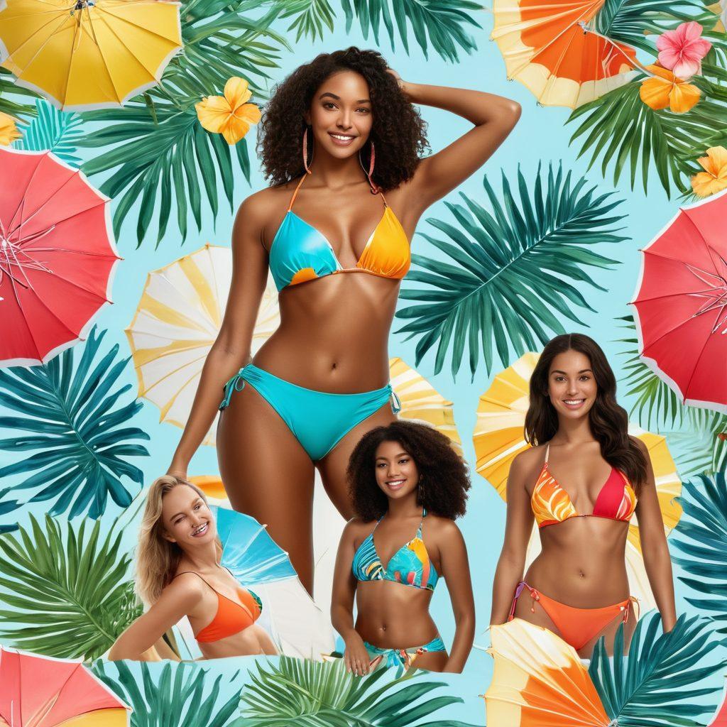 A vibrant beach scene showcasing diverse models of different body types flaunting the latest summer swimwear trends. Include colorful umbrellas, tropical palm trees, and a shining sun reflecting on the waves. The models exude confidence and joy while participating in fun beach activities like surfing and beach volleyball. Display a variety of patterns and colors in the swimwear to emphasize trends. bright colors, summer vibe, 3D.