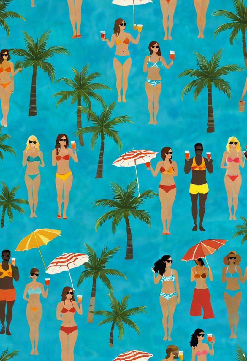 A sunny beach scene showcasing diverse individuals in stylish beach and poolside outfits, set against vibrant palm trees and turquoise waves. Include playful elements like colorful beach towels, refreshing drinks in hand, and a variety of swimsuits that reflect current summer trends. The atmosphere should evoke relaxation and fun, inviting viewers to envision themselves in this lively summer setting. super-realistic. vibrant colors. bright blue sky.